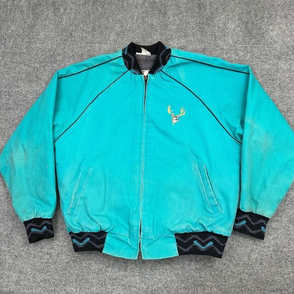 Vtg Walls Mountain Jacket Med Blue Canvas Fleece Blanket Lined Aztec Bomber USA - Picture 1 of 12